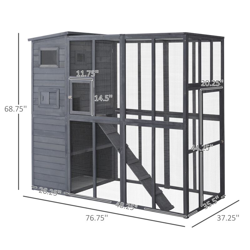 Grey Feline Paradise: 77x37x69 Outdoor Cat House with Platforms