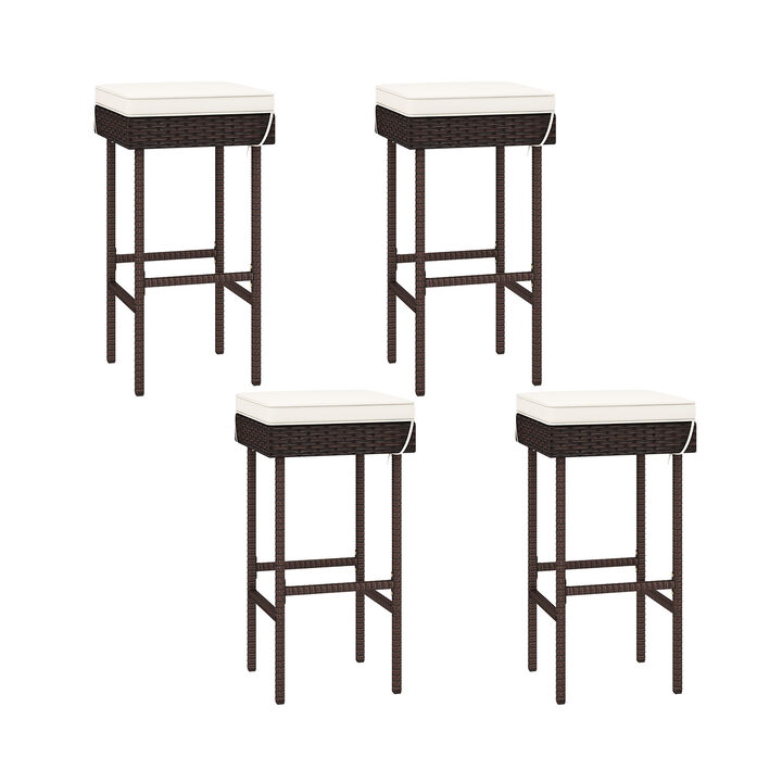 Patio Rattan Barstools Set of 4 with Footrest and Soft Cushions for Backyard Balcony