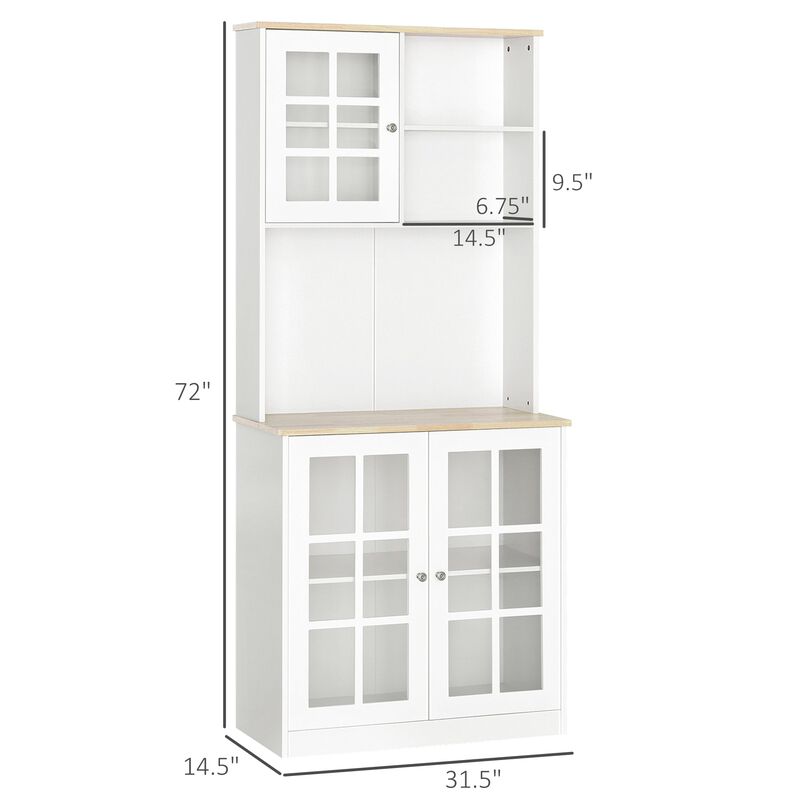 White Kitchen Tower: 72" Freestanding Pantry with Glass Doors & Shelves