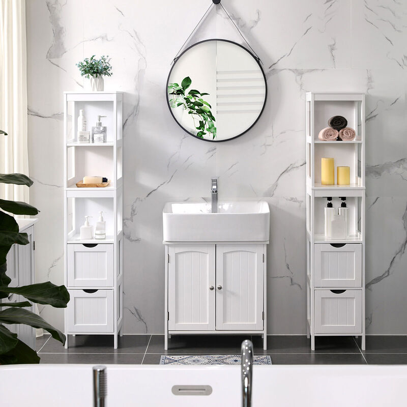 Bathroom Tall Cabinet, Linen Tower, Floor Storage Cupboard, with 2 Drawers and 3 Open Shelves