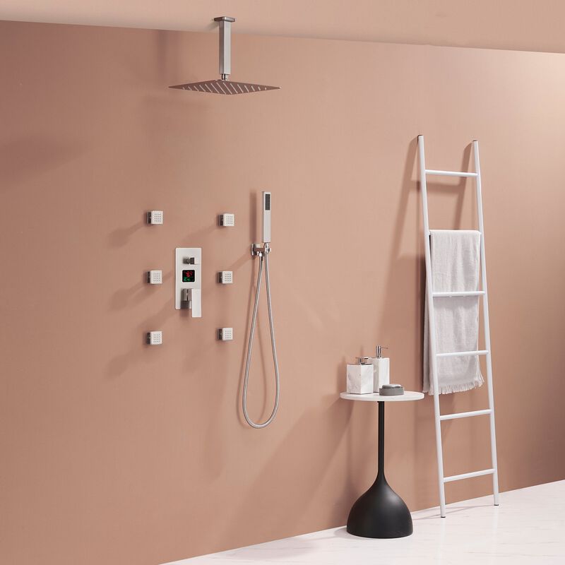 Mondawe Temperature Digital Display 3 Functions Ceiling Mounted Thermostatic Shower System with 6 Body Jets and Rough-in Valve in Brushed Nickel