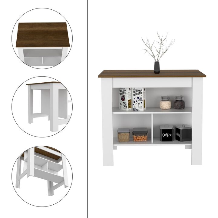 DEPOT E-SHOP Delos Kitchen Island, Four Legs, Three Shelves, White / Walnut