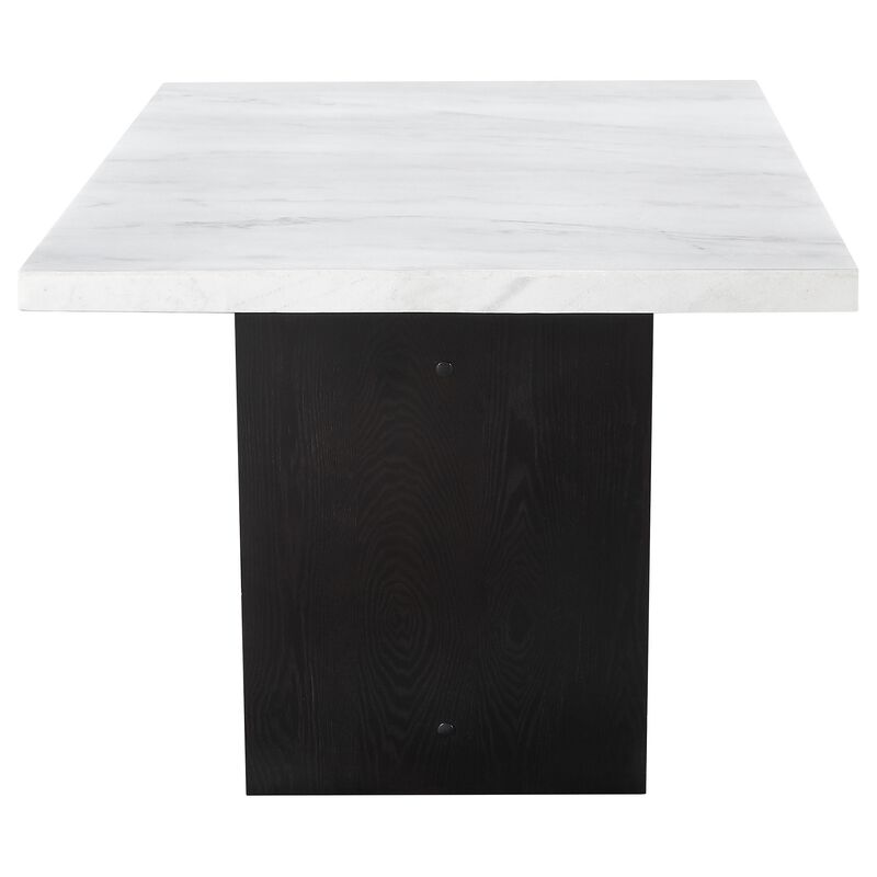 Shoy 72 Inch Dining Table, Rectangular White Marble Top, Trestle, Brown - Benzara