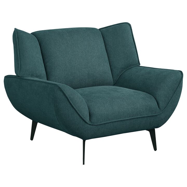 Toer 43 Inch Accent Sofa Chair, Flared Arms, Teal Blue Fabric, Black Metal - Benzara