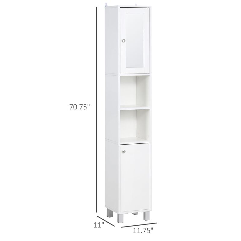 White Bathroom Tower: 71" Freestanding Cabinet with Mirror and Shelves