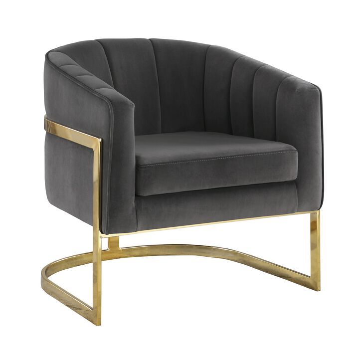30 Inch Barrel Foam Accent Chair, Brushed Gold Floating Base, Gray Velvet-Benzara