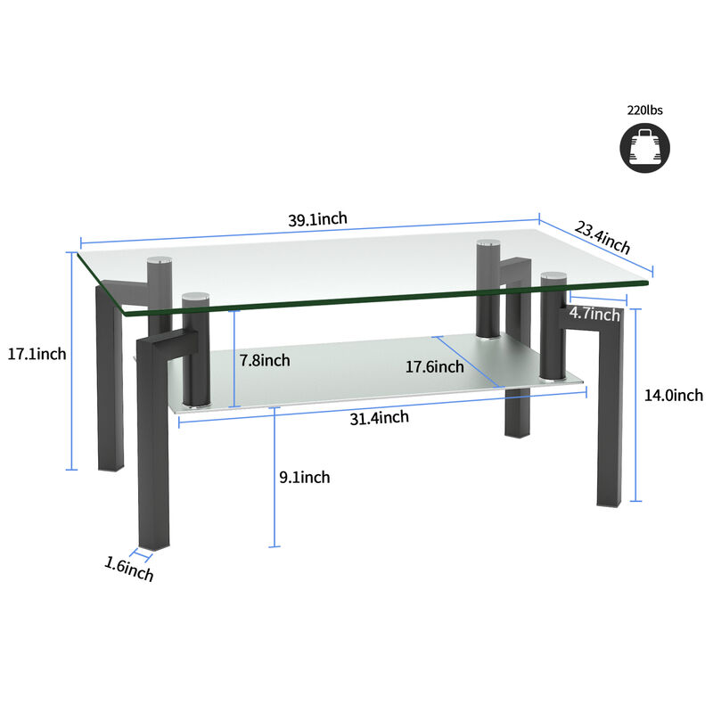 Rectangle Glass Coffee Table, Clear Coffee Table, Modern Side Center Tables