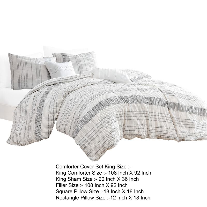 Wim 6 Piece King Size Duvet Comforter Set with Accent Pillows, Striped Gray - Benzara