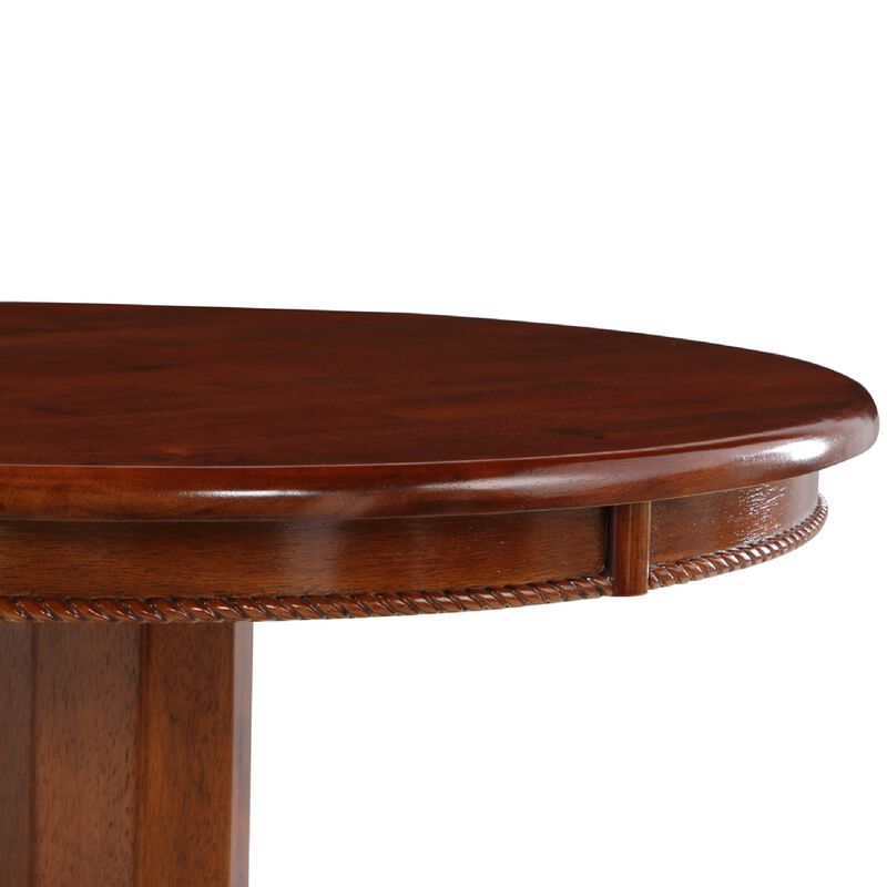 32 Inch Round Pub Bar Table, Classic Turned Pedestal, MDF Wood, Walnut Brown-Benzara