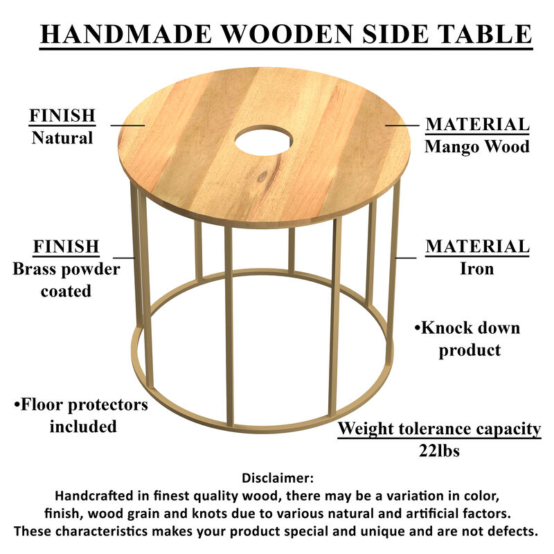 19 Inch Side End Table, O Round Shape Natural Mango Wood Top, Brass Powder Coated Open Frame