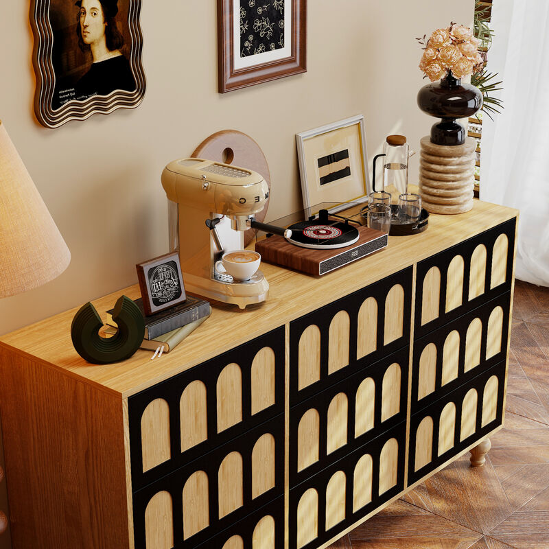 FUFU&GAGA Modern 9-Drawer Storage Cabinet with Arched Panel Design & Solid Wood Legs (59" W x 15.7" D x 31.5" H), Natural Wood