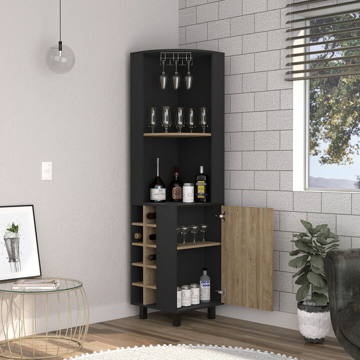 DEPOT E-SHOP Morocco Corner Bar Single Door Cabinet Two Shelves, Ten Built-in Wine Rack, Two Interior Shelves, Black / Pine