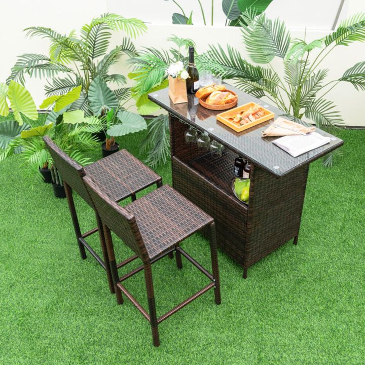 Hivvago 3 Pieces Outdoor Wicker Bar Set with 3 Rows Stemware Racks
