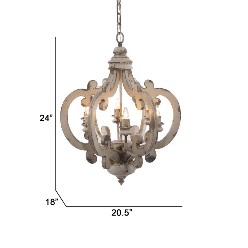 Aki 21 Inch 6 Light Chandelier, Carved Wood Frame, Classic, Vintage, White-Benzara