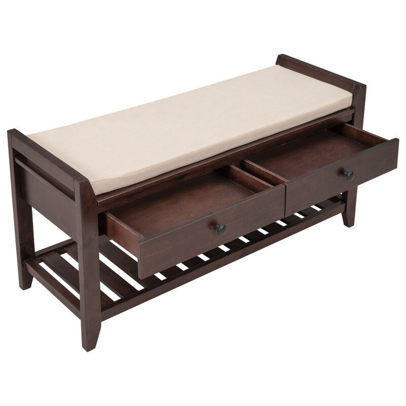 Shoe Rack With Cushioned Seat And Drawers, Multipurpose Entryway Storage Bench (Espresso)