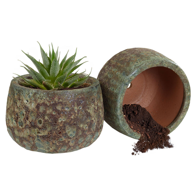 Sunnydaze 10" Lava Finish Planter - Green Distressed Ceramic - 2-Pack