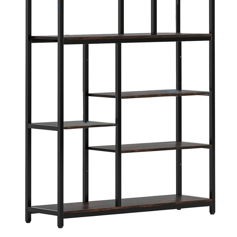 Tall Accent Bookshelf, 9 Tier Brown Shelves, Black Metal 78 Inch - Benzara