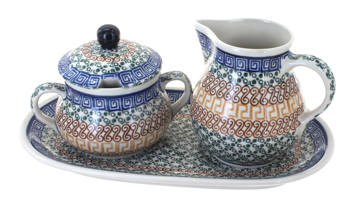 Blue Rose Polish Pottery Joanna Large Cream & Sugar Set with Tray