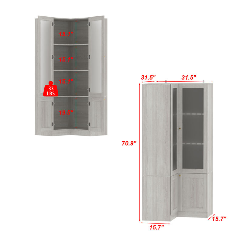 FUFU&GAGA Modern Wood Grain Corner Bookcase with Adjustable Shelves and Glass Doors (31.5" W x 70.9" H x 31.5" D), Wood Grain