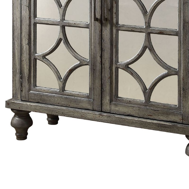 Storage Cabinet with 2 Doors and Diamond Mirror Trim, Weathered Gray-Benzara