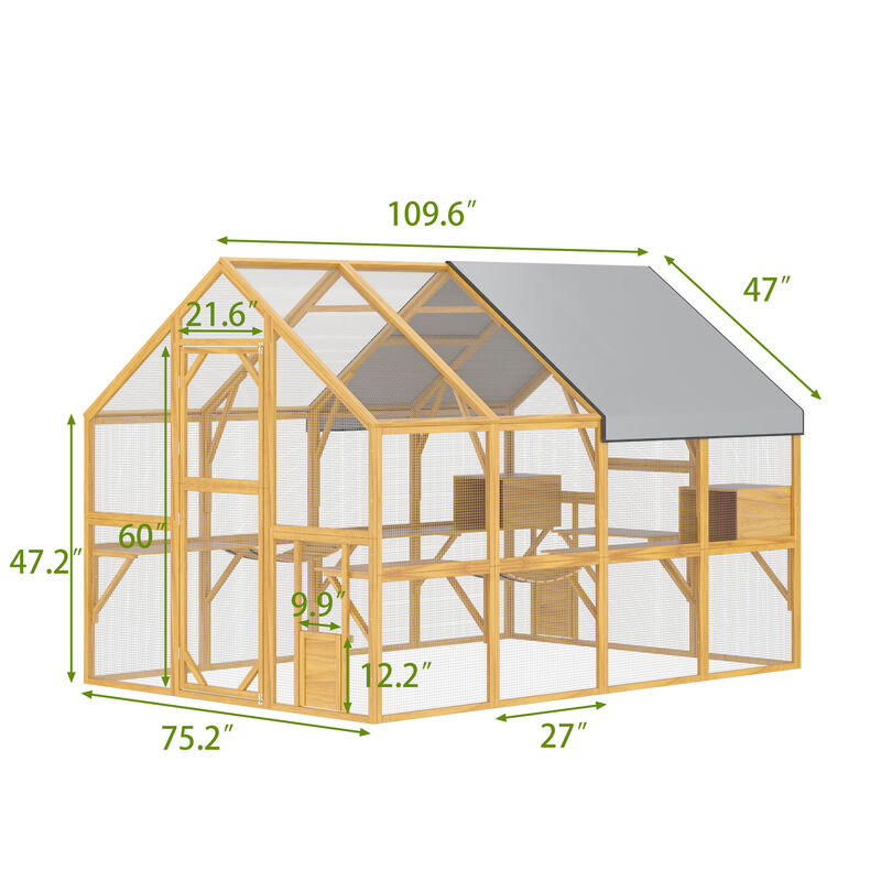FUFU&GAGA Super Big Cat Play Tower with 2 Cat Boxes, 5 Cat Jump Platforms, and 2 Cat Hammocks,  (109.6" W x75.2" D x 60" H), Yellow