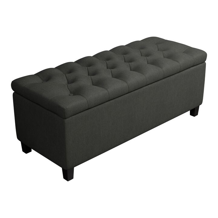 44 Inch Modern Lift Top Storage Bench, Button Tufted Seat, Charcoal Fabric-Benzara