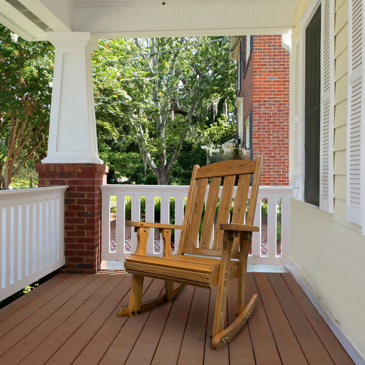 Wooden Rocking Chair with Comfortable Backrest Inclination, High Backrest and Deep Contoured Seat, Solid Fir Wood, Heavy Duty 600 LBS, for Both Outdoor and Indoor, Backyard, Porch and Patio