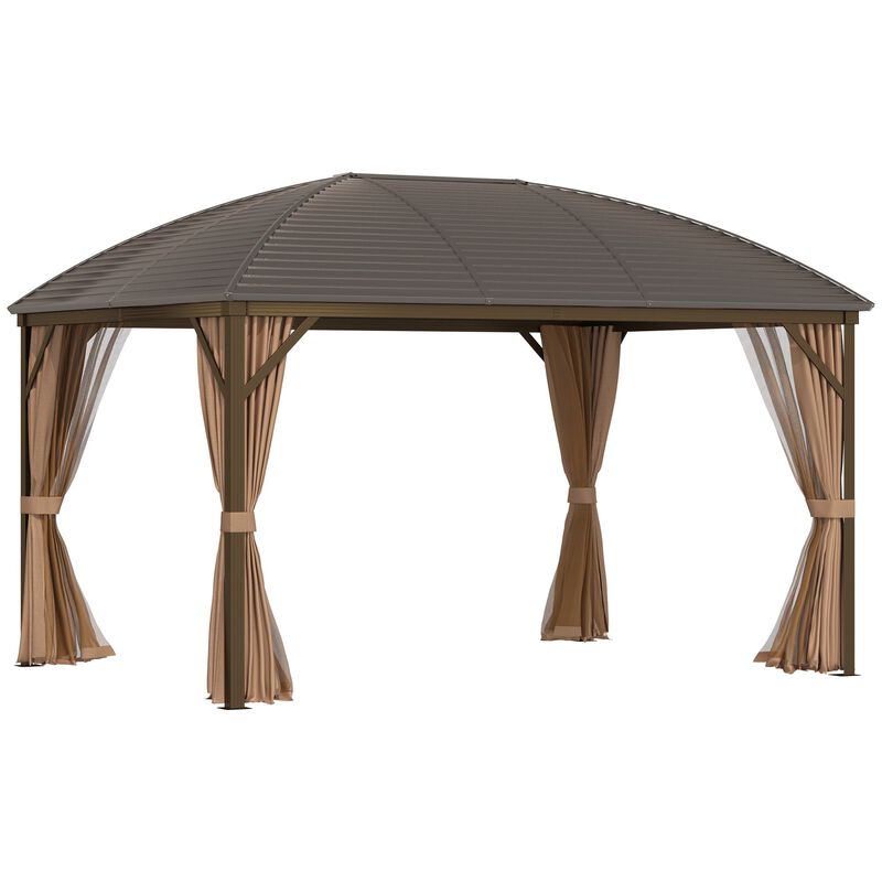 Brown Outdoor Pavilion: 10'x13' Hardtop Gazebo with Curtains & Netting