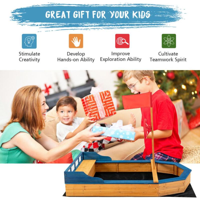 Hivvago Kids' Pirate Boat Sandbox with Flag and Rudder