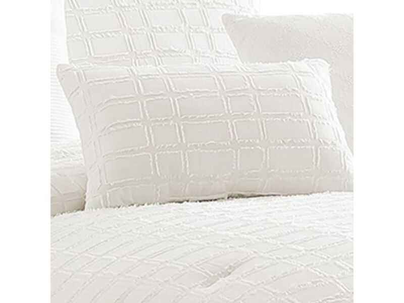6 Piece Cotton King Comforter Set with Fringe Details, White - Benzara