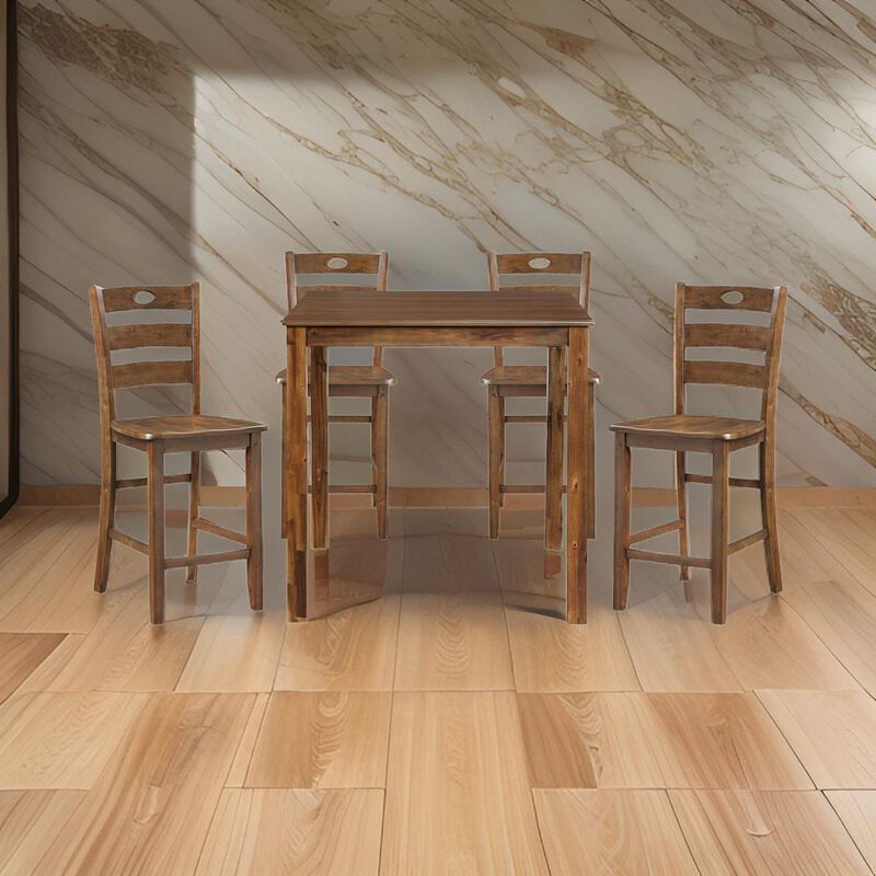 Tori 5 Piece Counter Height Dining Set, Square Table and 4 Chairs, Brown - Benzara