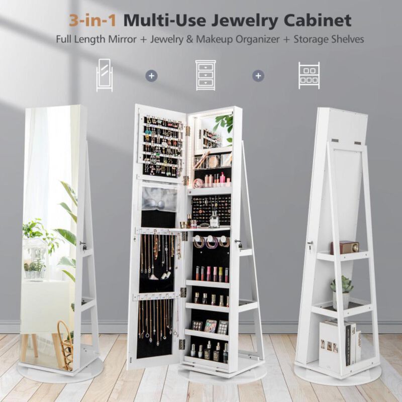 Hivvago 360Â° Rotating Mirrored Jewelry Cabinet Armoire 3 Color LED Modes Lockable
