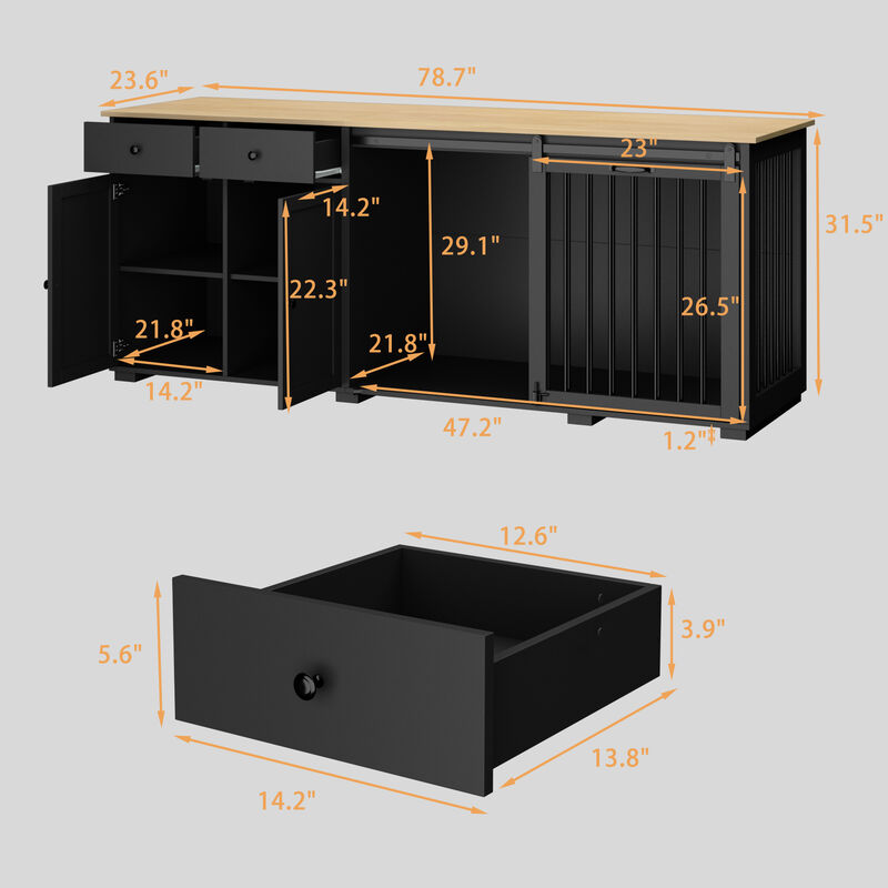 Large Dog House Furniture Dog Crate Storage Cabinet, Dog Cage with 2-Drawers and Sliding Door for Large Dogs, Black