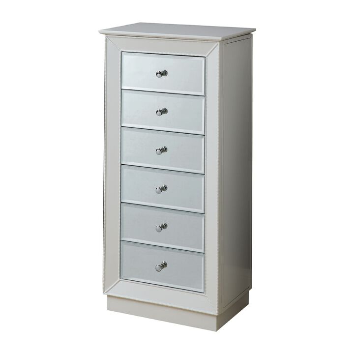 Wood Jewelry Armoire Having 6 Drawers with Mirror Front, White-Benzara