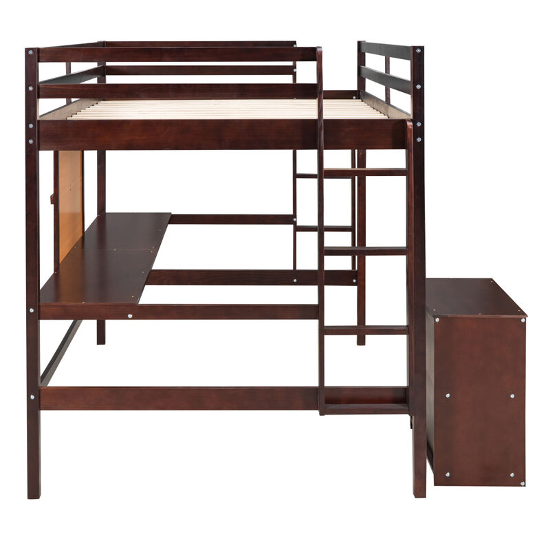 Full Size Loft Bed With Desk And Writing Board, Wooden Loft Bed With Desk & 2 Drawers Cabinet