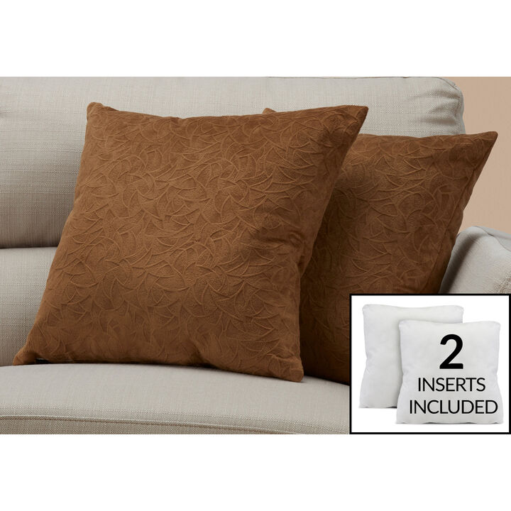 Monarch Specialties I 9269 Pillows, Set Of 2, 18 X 18 Square, Insert Included, Decorative Throw, Accent, Sofa, Couch, Bedroom, Polyester, Hypoallergenic, Brown, Modern