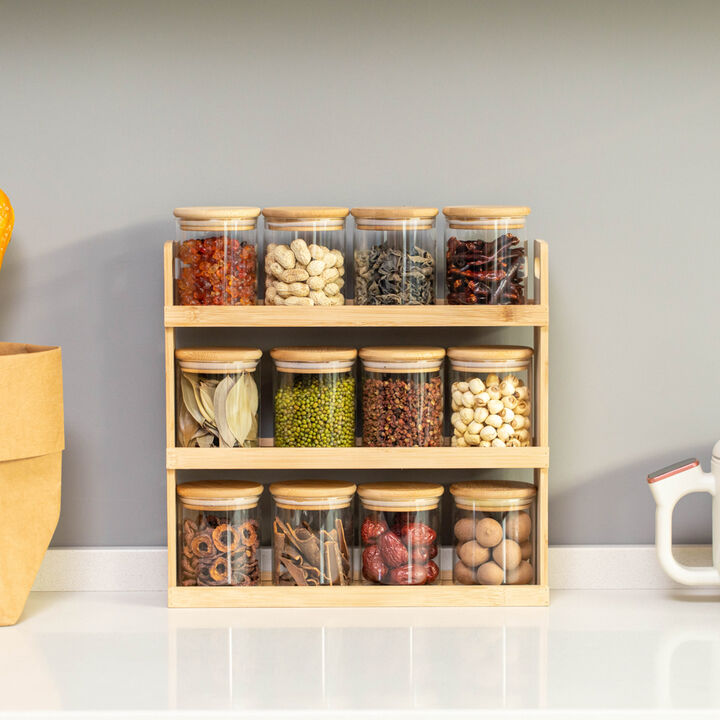 Basicwise Versatile 3-Tier Bamboo Spice Rack and Pantry Organizer with 12 Glass Jars – Perfect for Countertop Storage in Kitchens to Keep  Seasoning Containers Neatly Displayed and Easily Accessible