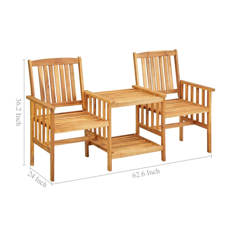 Lola 3pc Balcony Set with 2 Chairs and 1 Tea Table, Brown Acacia Wood - Benzara