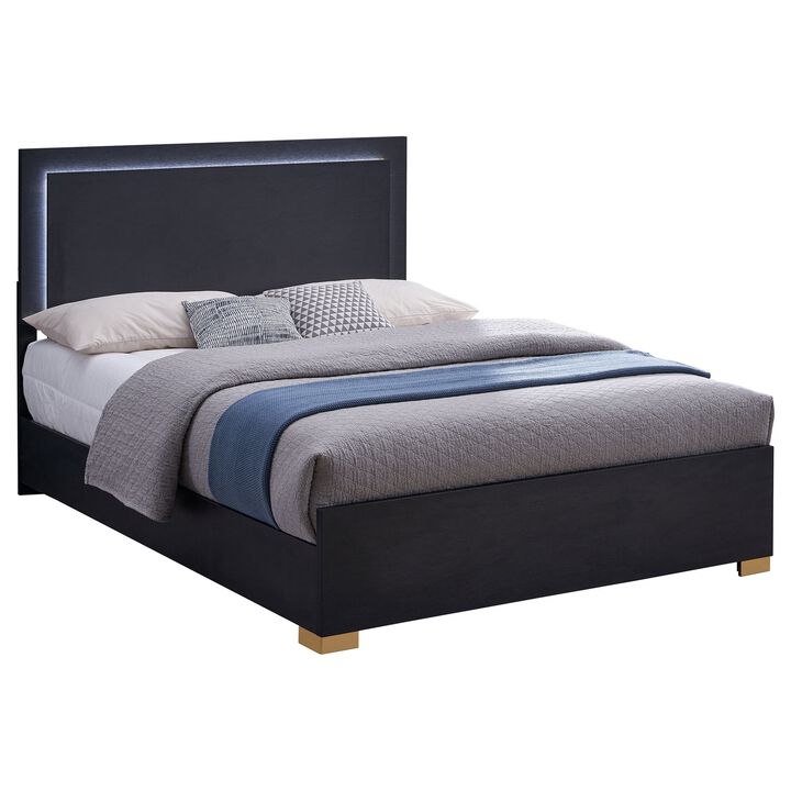 Dex Platform Queen Bed, Panel LED Headboard, Black Wood Melamine Finish - Benzara