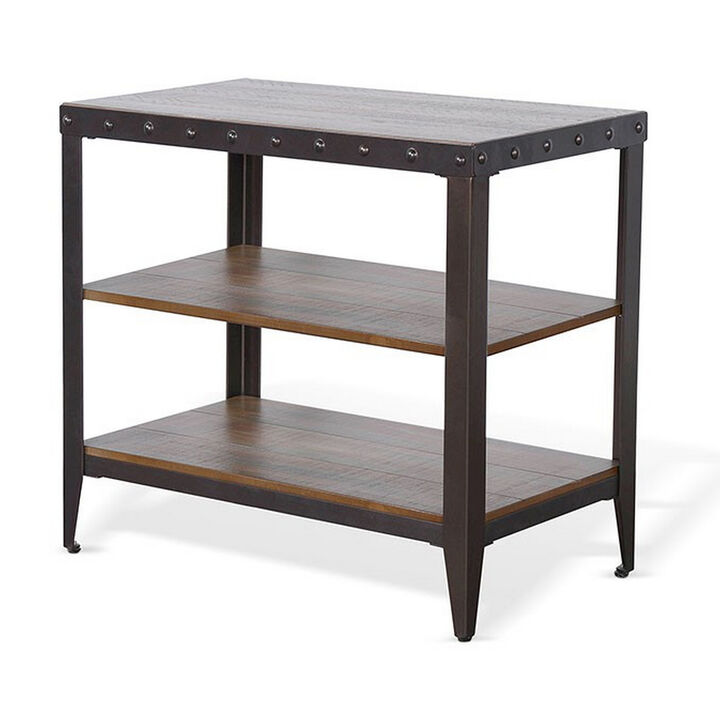 Ayka Chairside Table w 2 Shelf, Nailhead, 28 Inch Rectangular Brown - Benzara