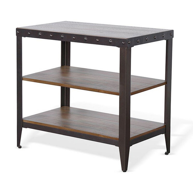 Ayka Chairside Table w 2 Shelf, Nailhead, 28 Inch Rectangular Brown - Benzara