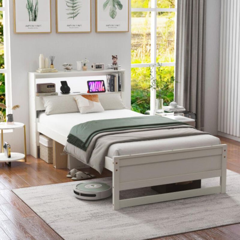 Twin Size Bed Frame with Storage Headboard and Charging Station