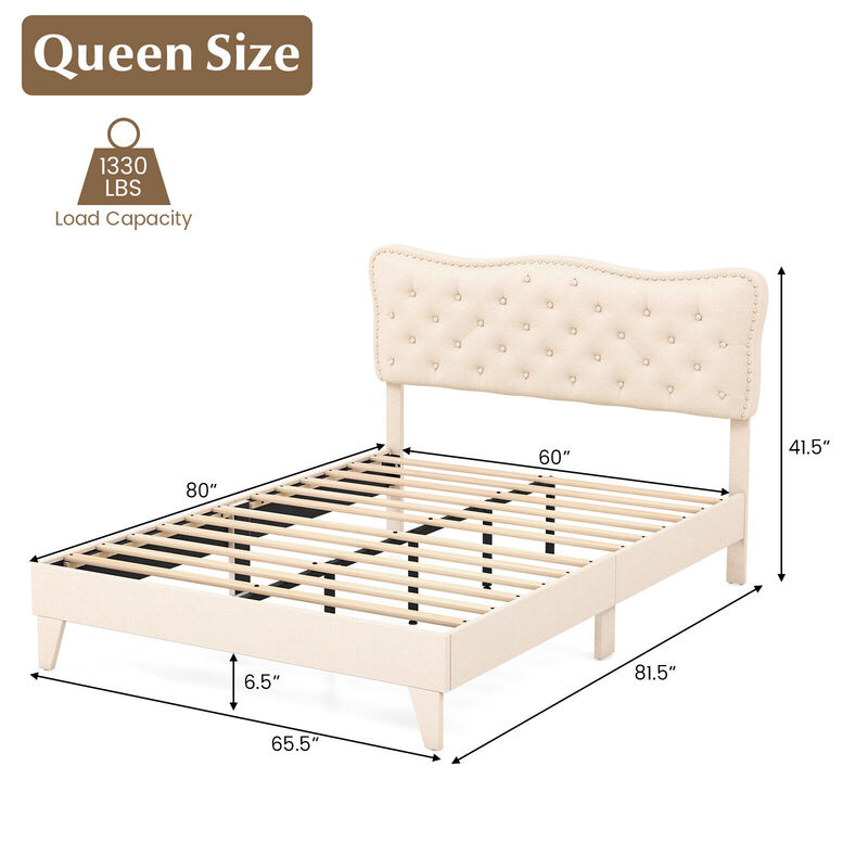 Bed Frame with Nail Headboard and Wooden Slats