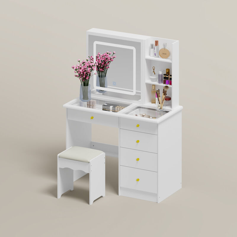 White Wood 39.4 in. W Large Glass Top Table Dresser Dressing Desk with LED Dimmable Mirror, 5-Drawers, Hidden shelves