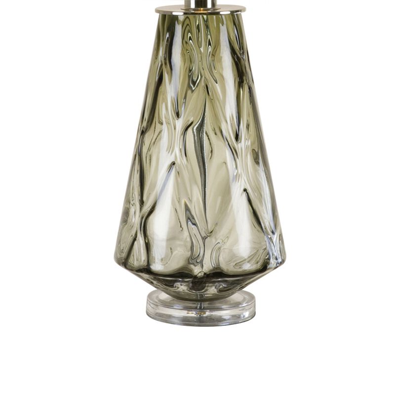 31 Inch Accent Table Lamp with White Drum Shade, Rippled Gray Glass Base - Benzara