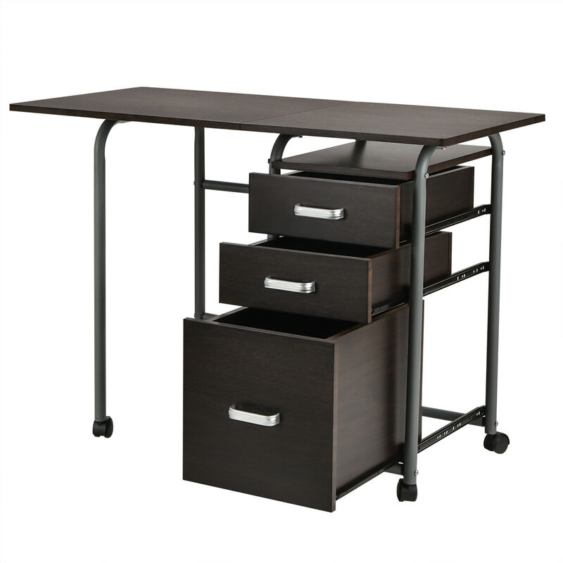 Costway Folding Computer Laptop Desk Wheeled Home Office Furniture w/3 Drawers Brown