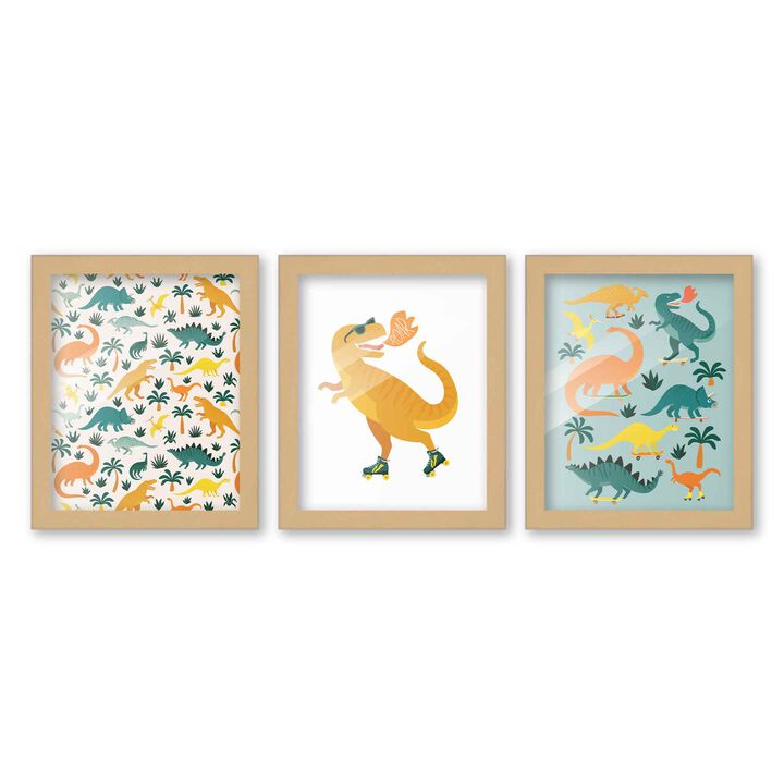 8x10 Framed Nursery Wall Art Set of 3 Hand Drawn Dinosaur Prints in Black Wood Frames