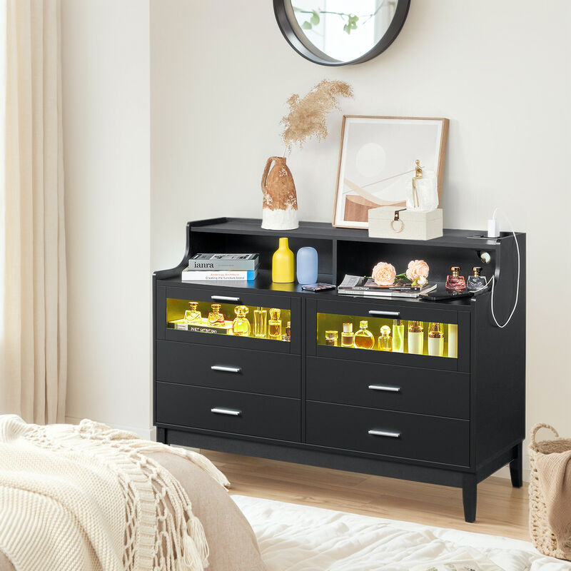 Wood Tempered Glass Drawer Dresser with LED Light Strips & Charging Station & USB Ports Bed Table