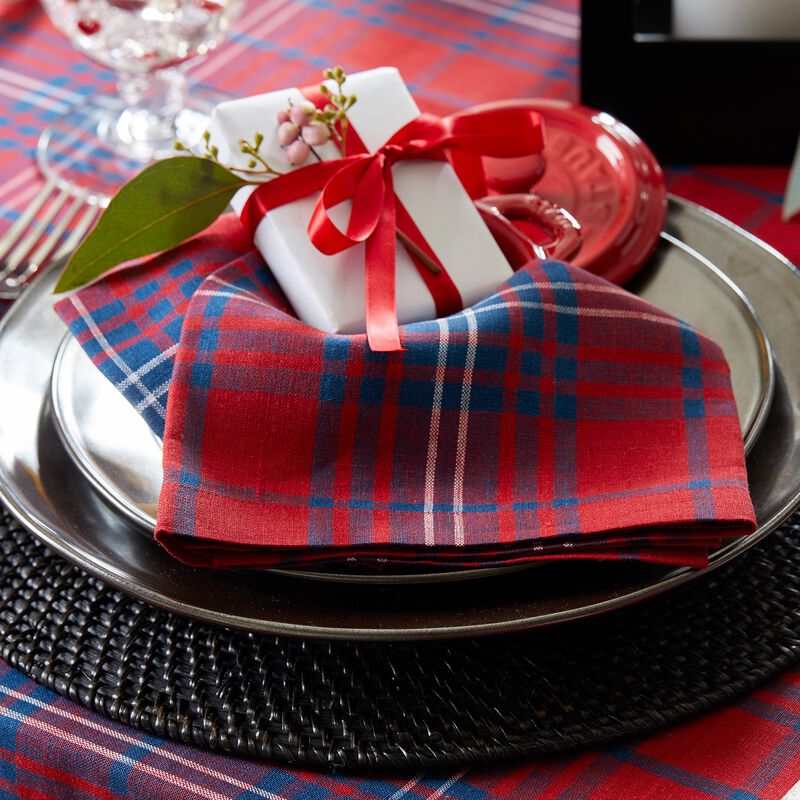 Solino Home Christmas Napkins Set of 4 - 100% Pure Linen Red and Navy Tartan Plaid Napkins 20 x 20 Inch