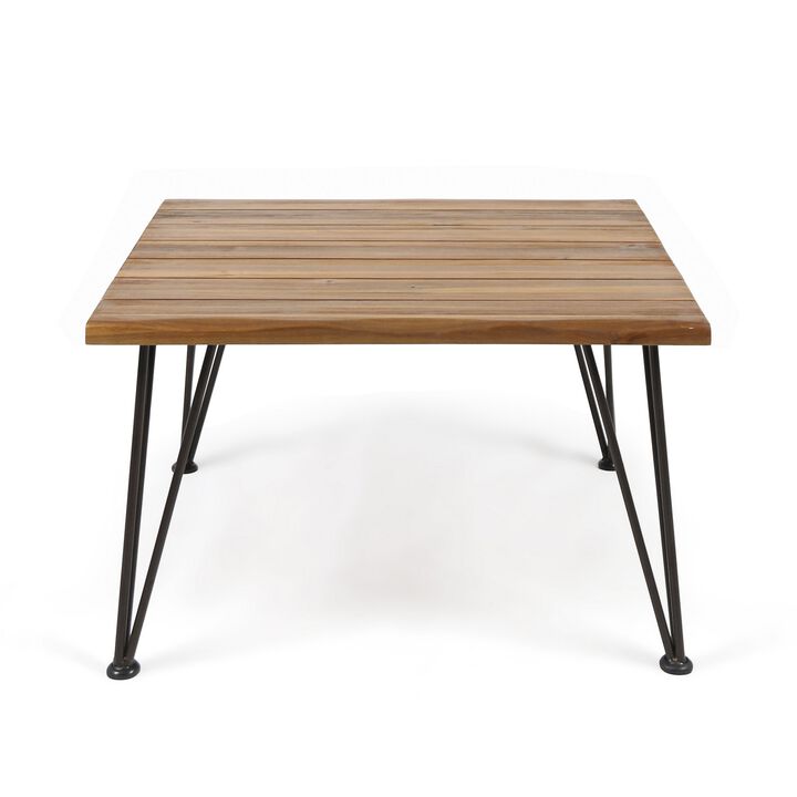 Zoe Outdoor Coffee Table, Hairpin Legs, 33in Brown Slatted Acacia Wood - Benzara